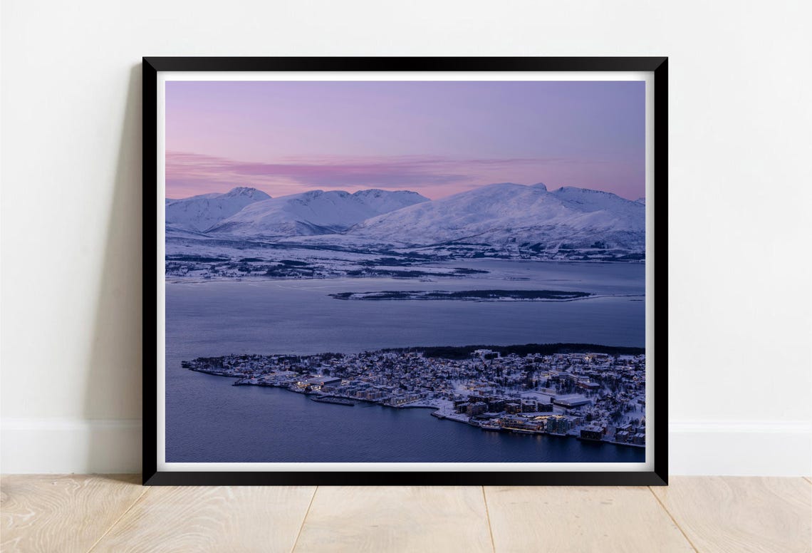 Snowy Coastal Town at Dusk Fjord Lights Winter Night Glow Poster