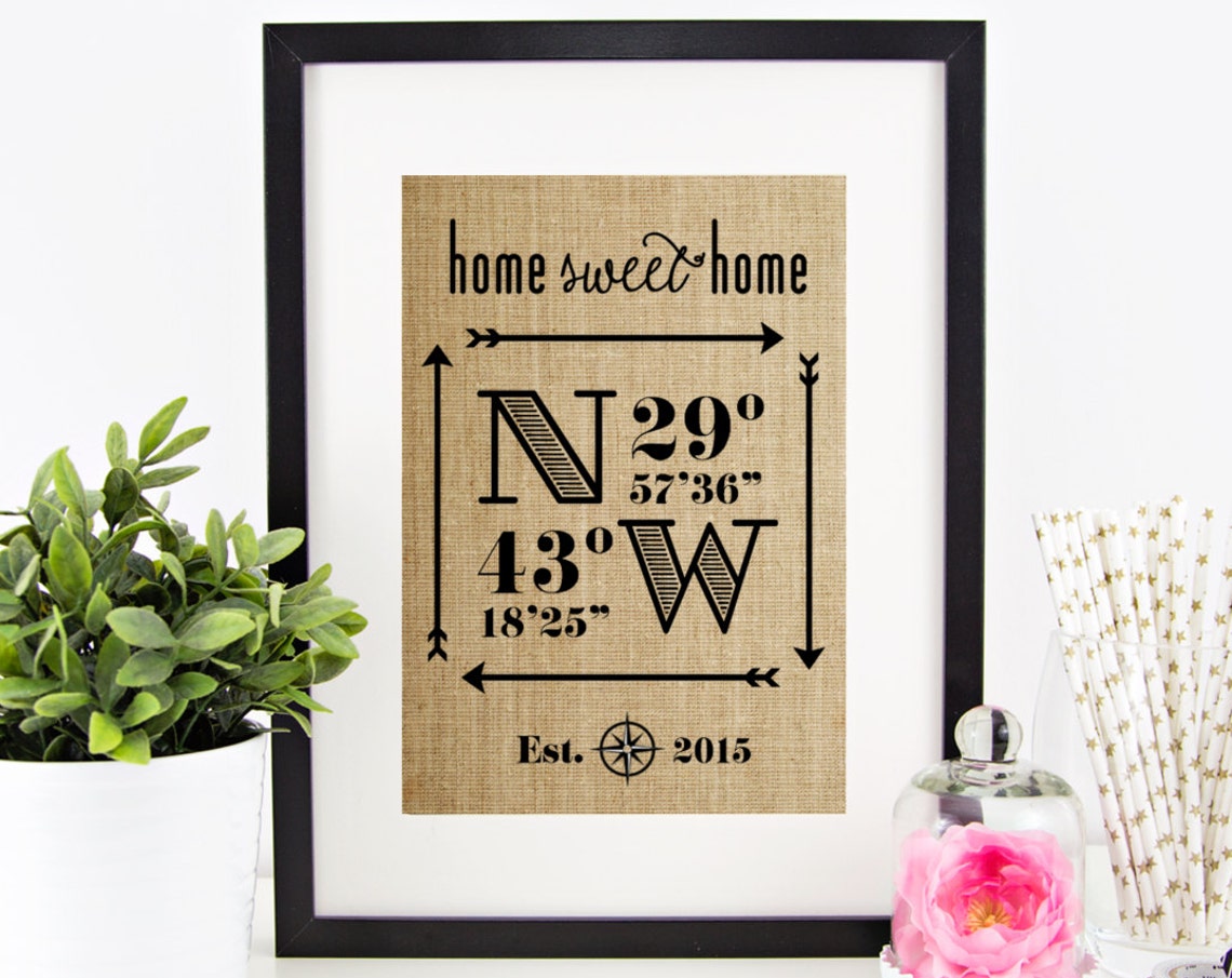Home Sweet Home Compass Coordinates Rustic New Home Burlap Poster