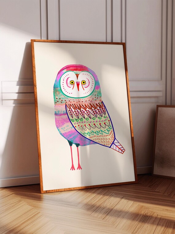 Colorful Whimsical Owl Folk Art Poster Pink Purple Teal Bird Illustration