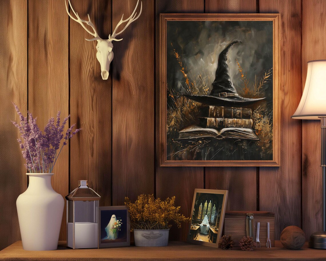 Black Witch Hat Resting On Stack Of Old Books Halloween Print - Image 3
