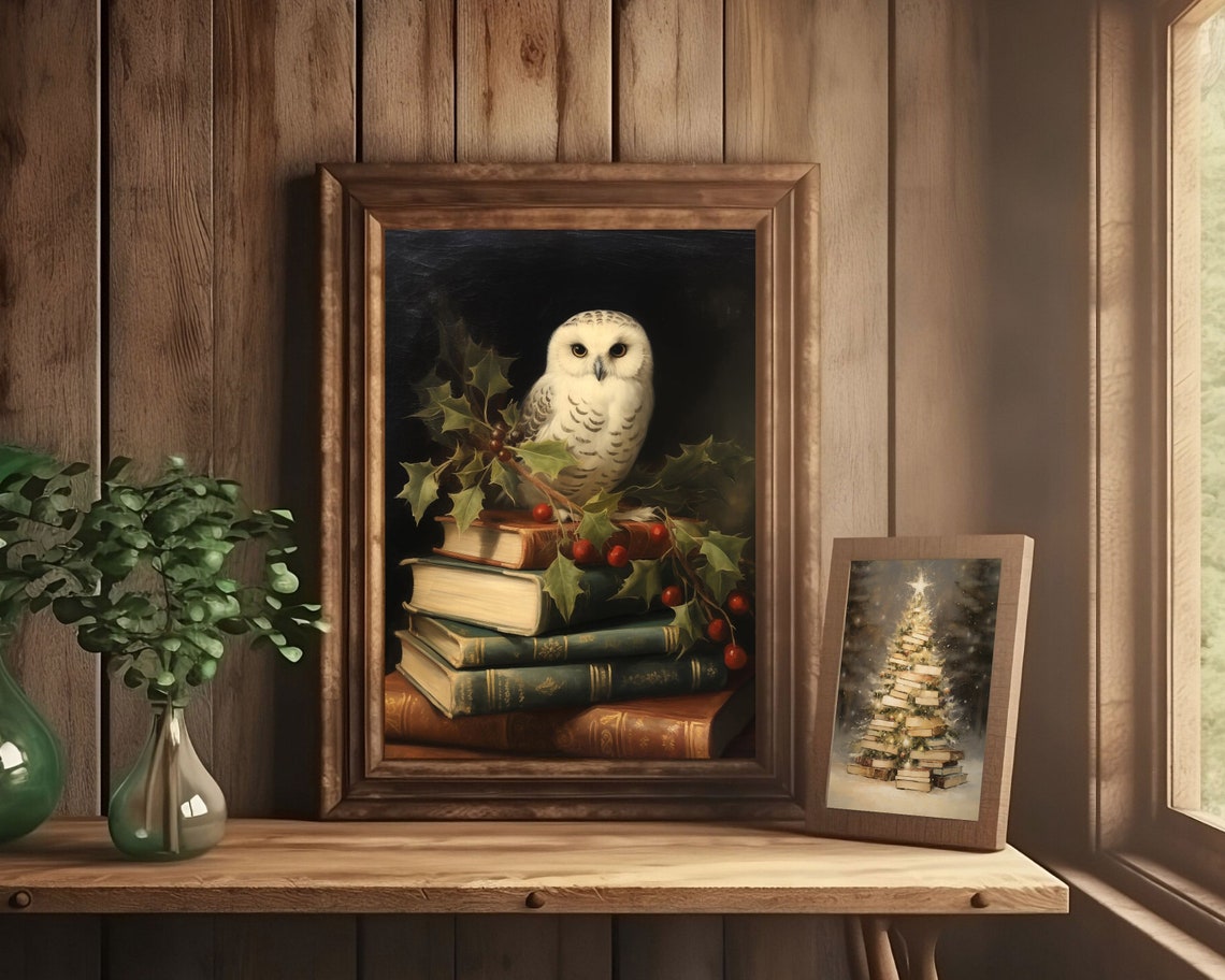 White Owl on Books Vintage Christmas Art Print - Image 2