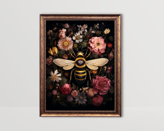Floral Bee Insect Wall Art Vintage Flowers Painting Goth Cottagecore Decor Dark Academia Prints Gothic Moody Botanical Print