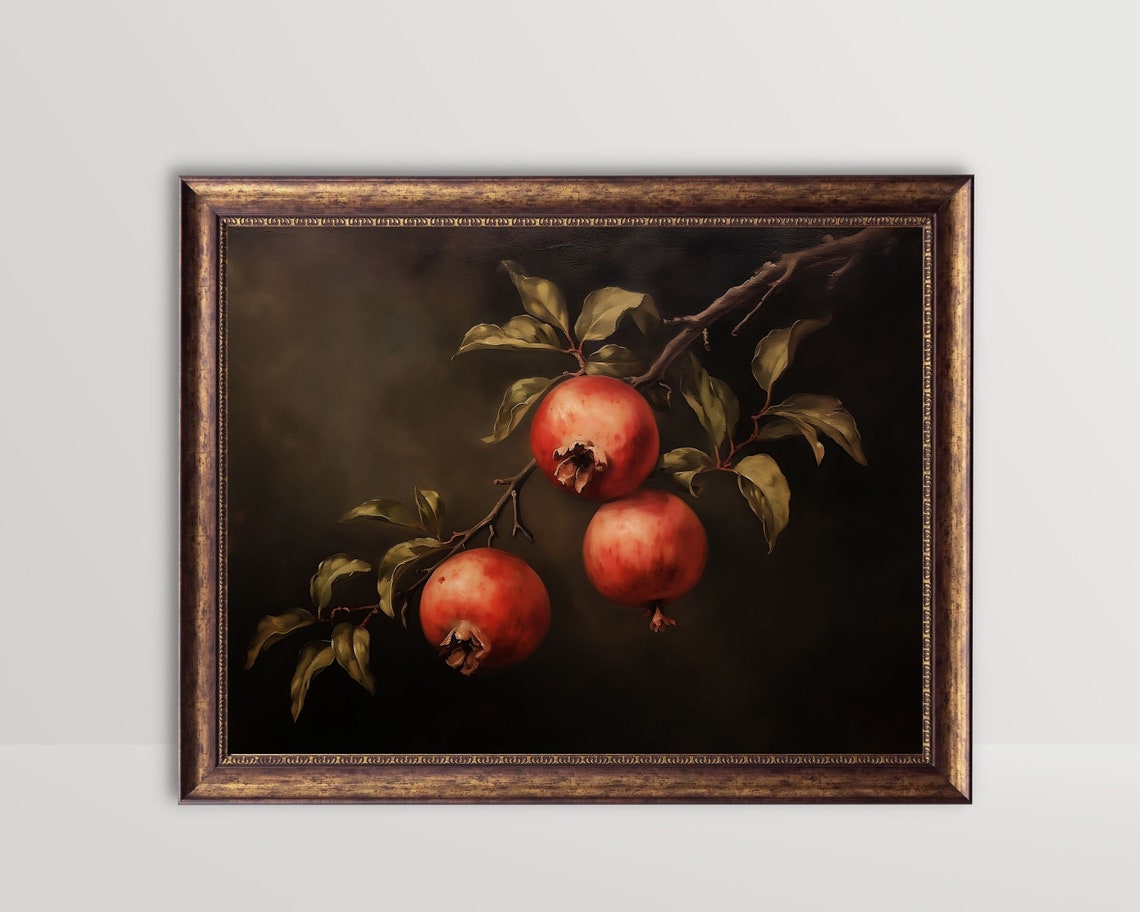 Pomegranates Vintage Still Life Art Print, Rustic Farmhouse