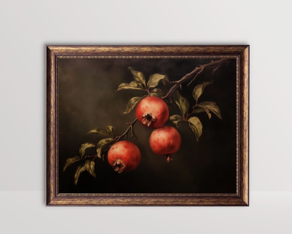 Pomegranates Vintage Still Life Art Print, Rustic Farmhouse