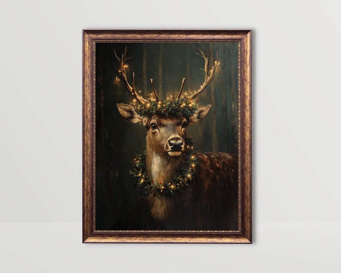 Reindeer Vintage Christmas Poster, Dark Academia