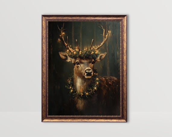 Reindeer Vintage Christmas Poster, Dark Academia