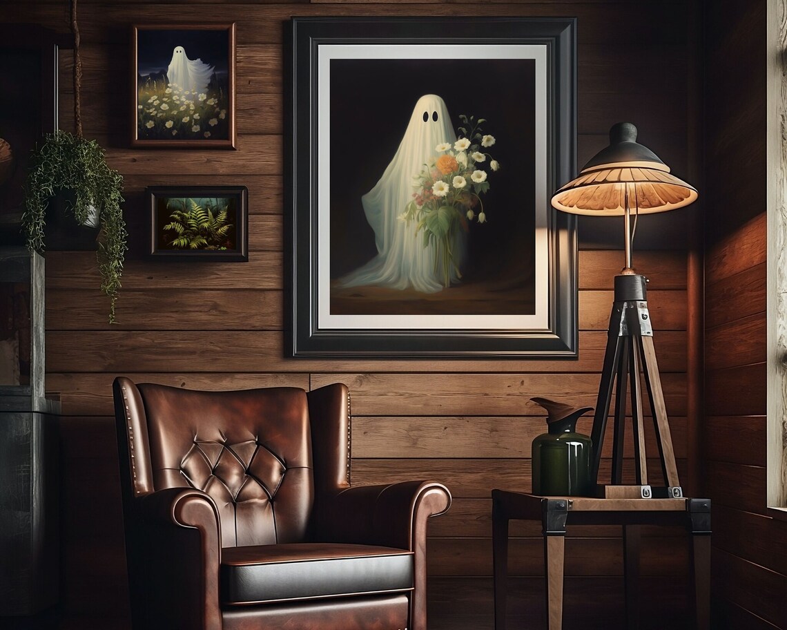 Ghost Holding A Flower Bouquet On Black Whimsical Art Poster - Image 3