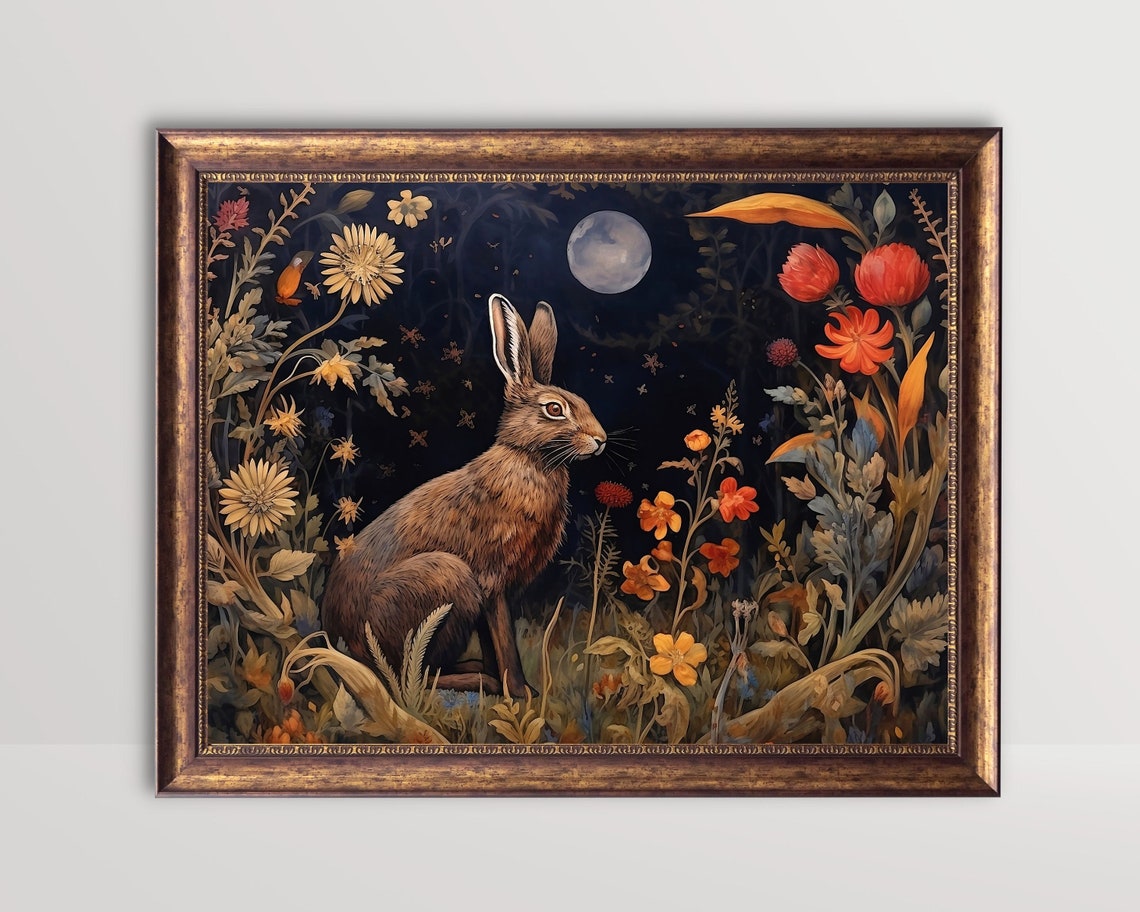 Hare And Moon Dark Botanical Gothic Art Print