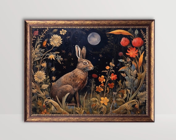 Hare And Moon Dark Botanical Gothic Art Print