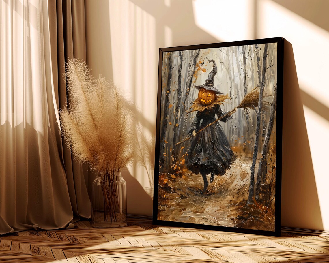 Pumpkin Head Witch With Broom Walking An Autumn Birch Forest Poster - Image 3