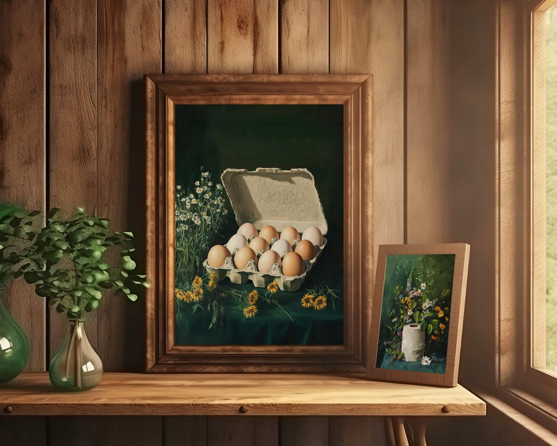 Eggs Kitchen Wall Art Green Whimsical Food Print Easter Decor Moody Groceries Flowers Fun Egg Carton Painting Breakfast Prints - Image 3