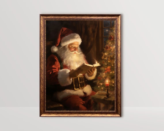 Santa Reading Book Vintage Christmas Art Print