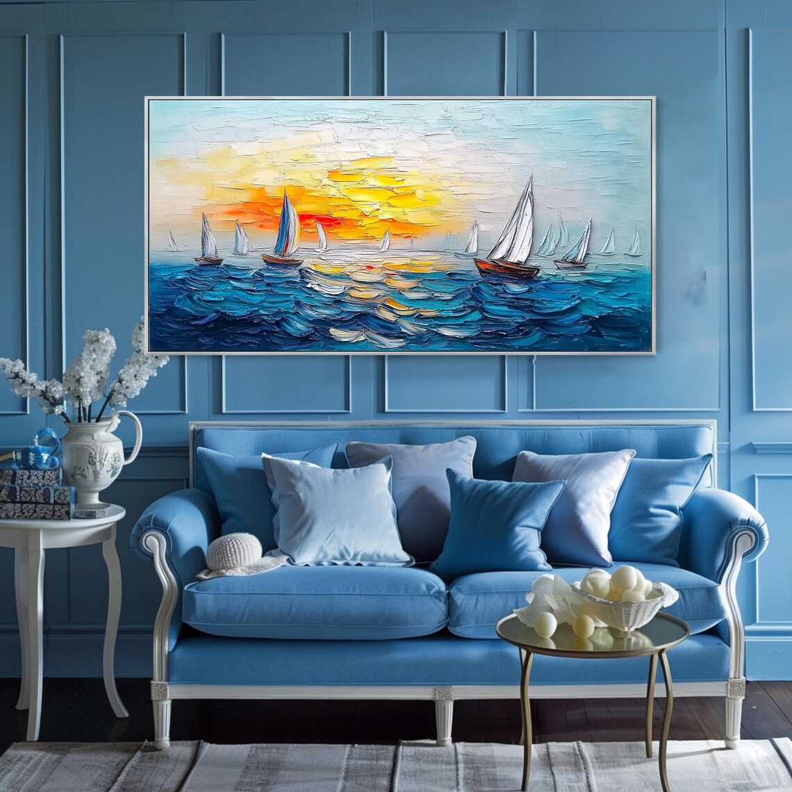 White Sailboats Regatta Golden Sunset Deep Blue Sea Sailing Poster - Image 3