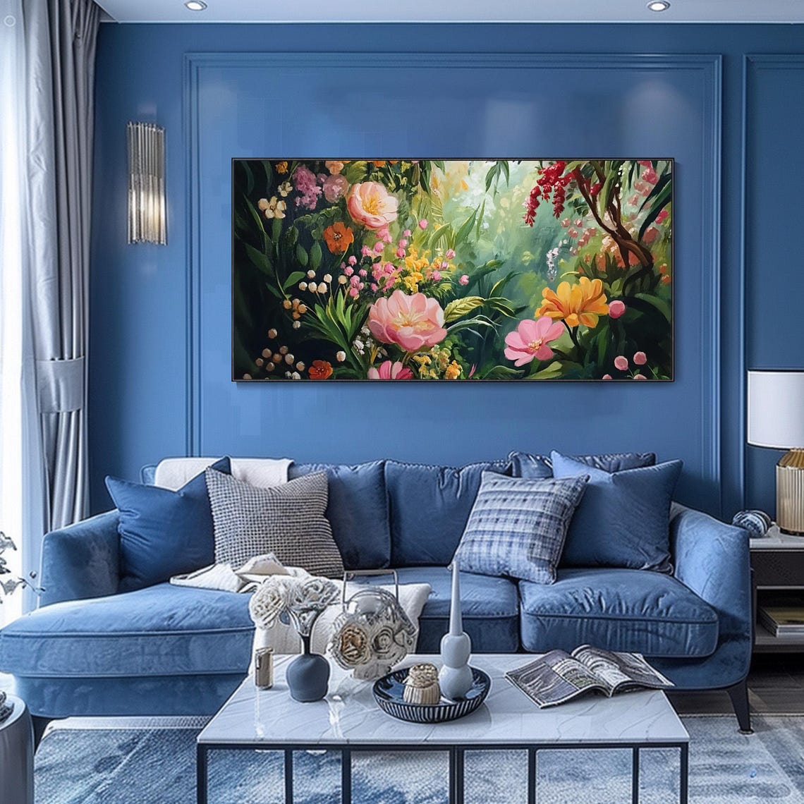 3dtexture Painting Original Garden Painting On Green Wall Art Colorful Flower Painting Living Room Wall Art Teal Luxurious Floral Art - Image 2