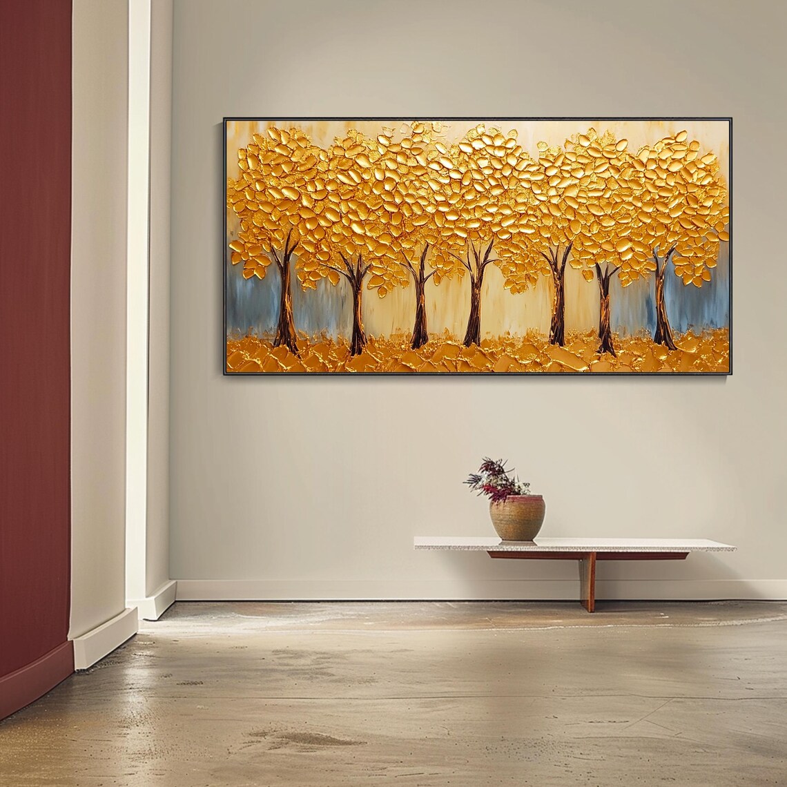 Golden Leaf Trees Row Rich Gold Foliage Luxury Textured Wall Art - Image 4