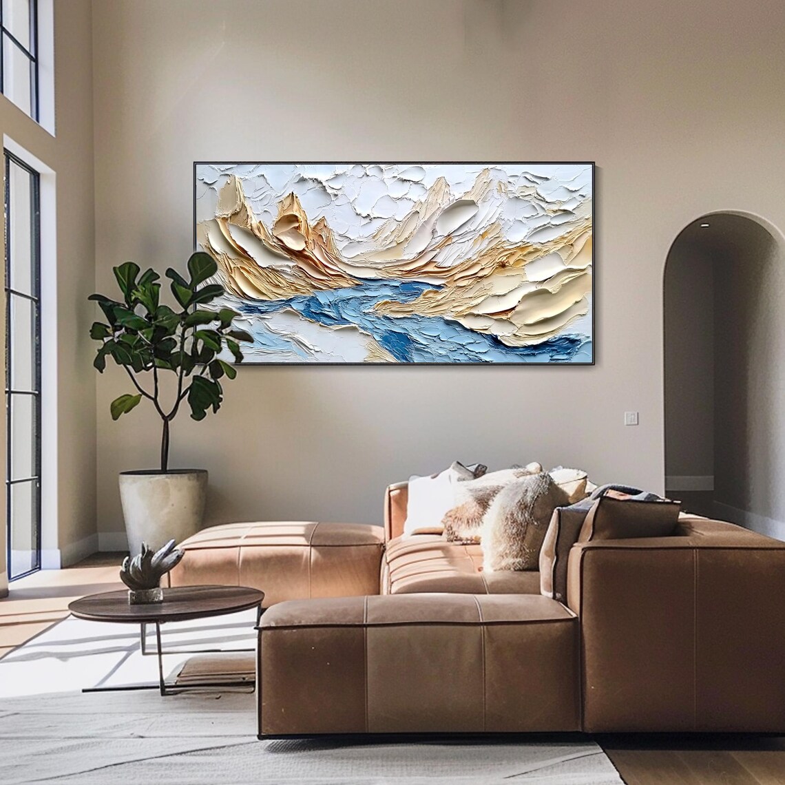 Gold Mountain Peaks Blue River 3D Textured Minimalist Art Poster - Image 4