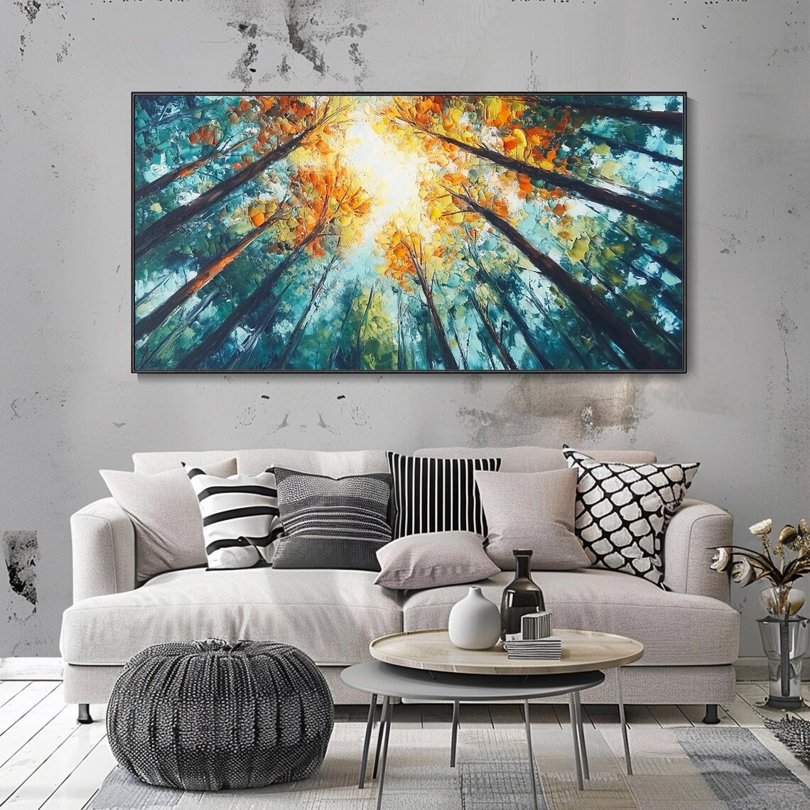 Looking Up Tall Trees Canopy Teal Gold Autumn Leaves Sunlight Poster - Image 3