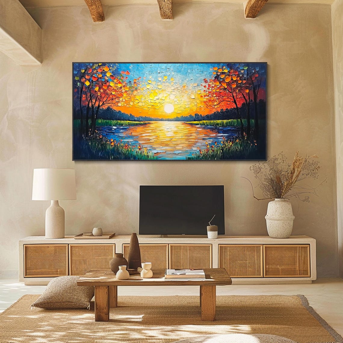 Sunset Lake Golden Trees Orange Reflection Landscape Art Poster - Image 2
