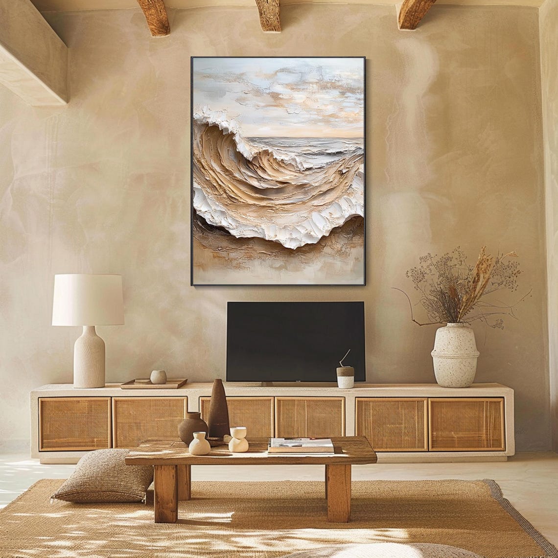 Neutral Beige Ocean Wave 3D Textured Minimalist Wabi Sabi Wall Art - Image 2