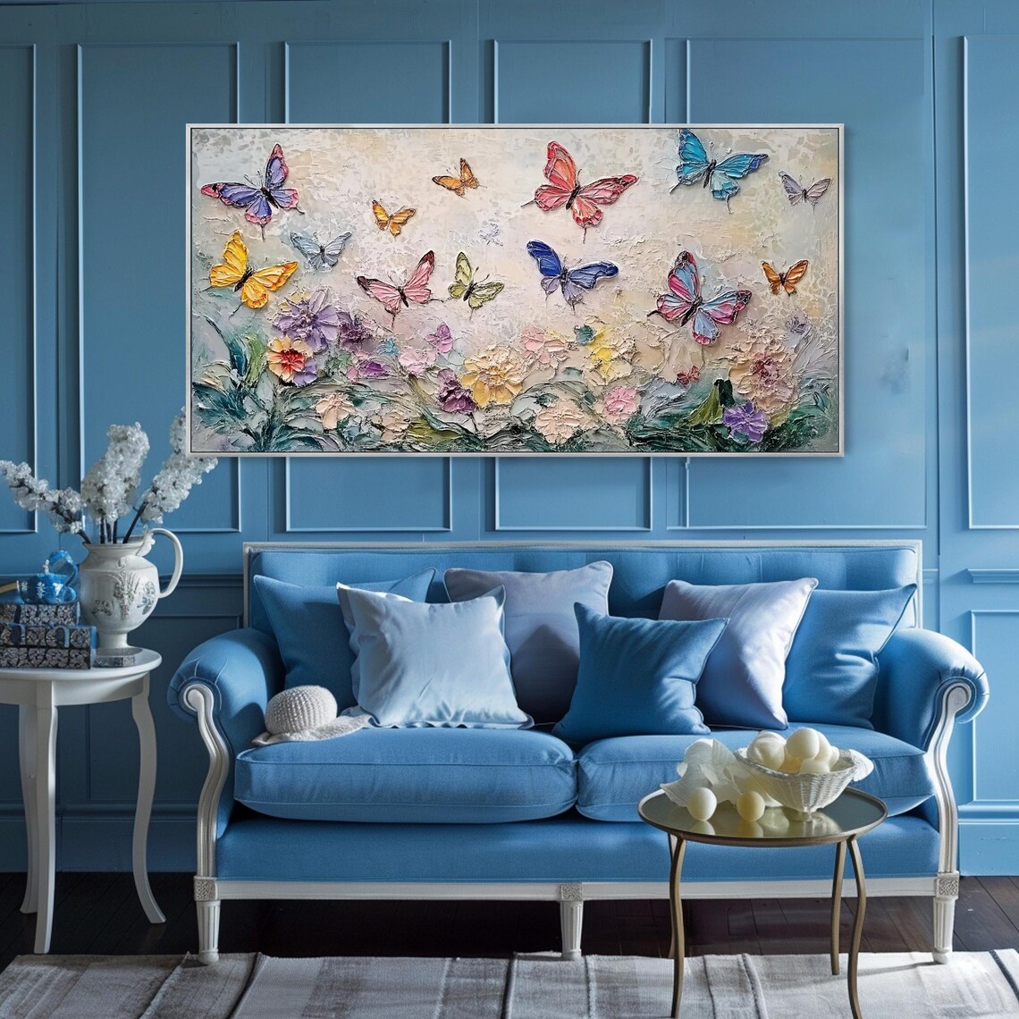 Colorful Butterflies Flying Over Pastel Floral Garden Impasto Wall Art - Image 3