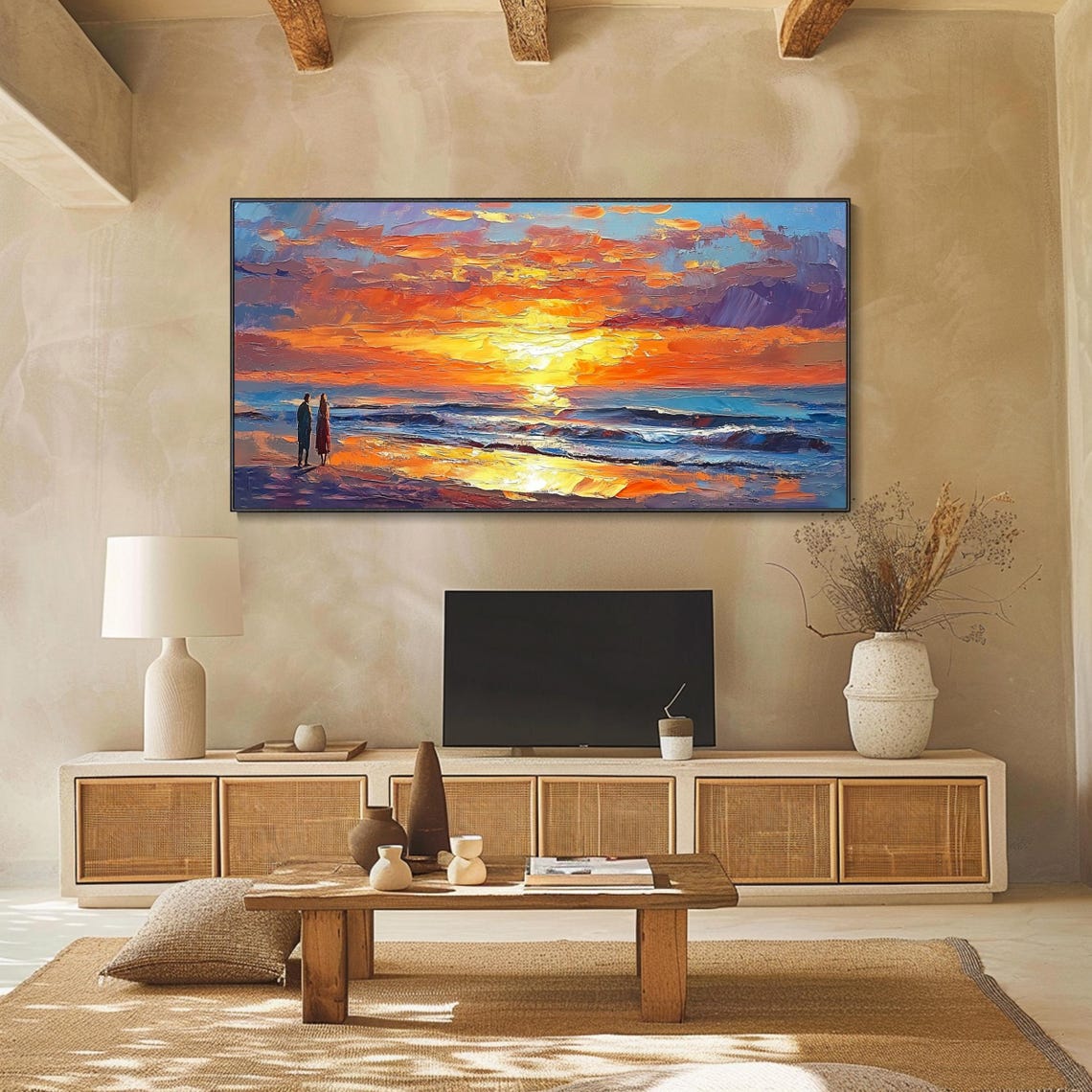 Romantic Couple Beach Sunset Golden Ocean Waves Impasto Wall Art - Image 2