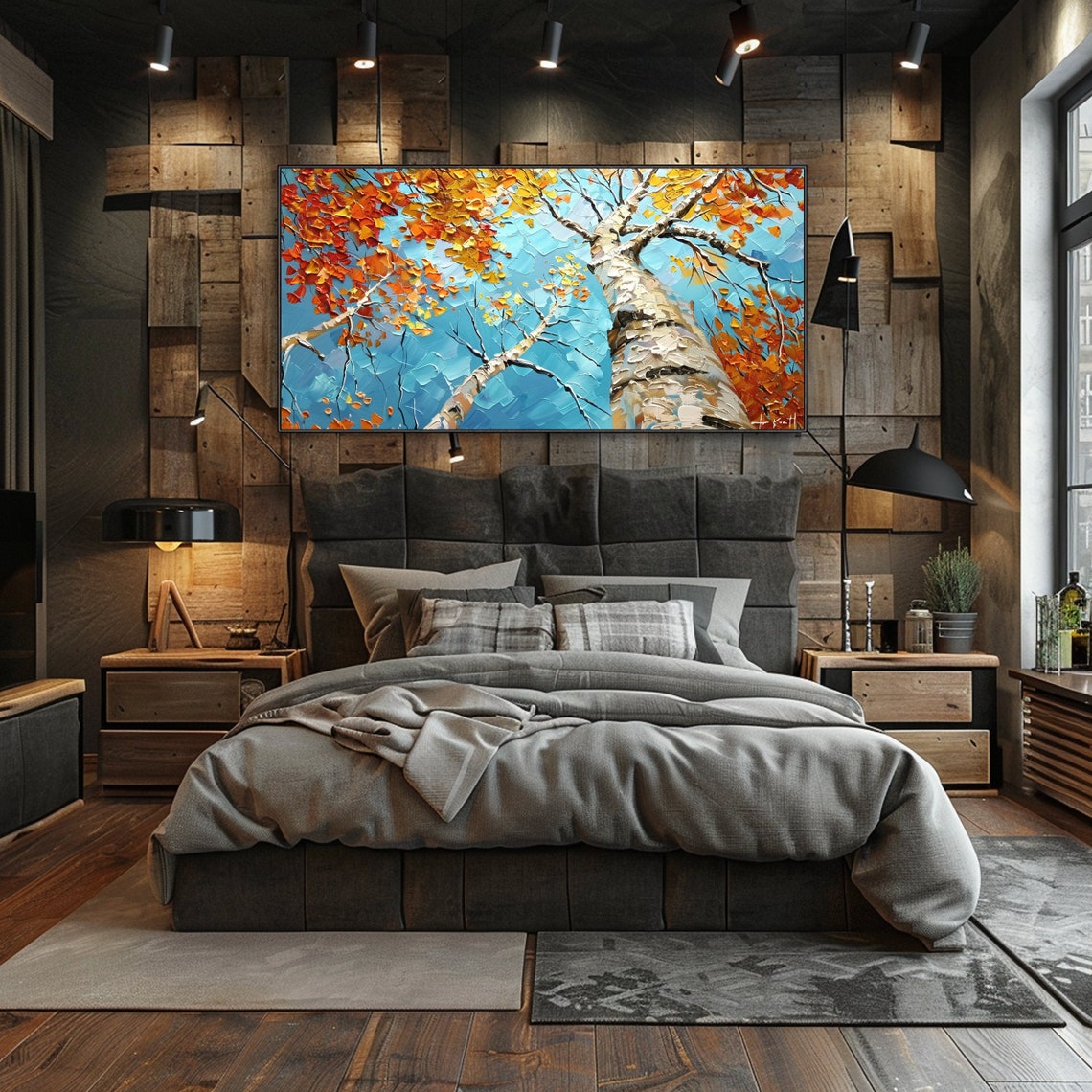 Autumn Birch Trees Looking Up Orange Leaves Blue Sky Impasto Wall Art - Image 2