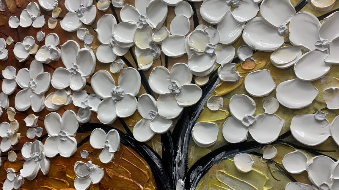 White Blossoming Tree Golden Brown 3D Textured Floral Art Poster - Image 3