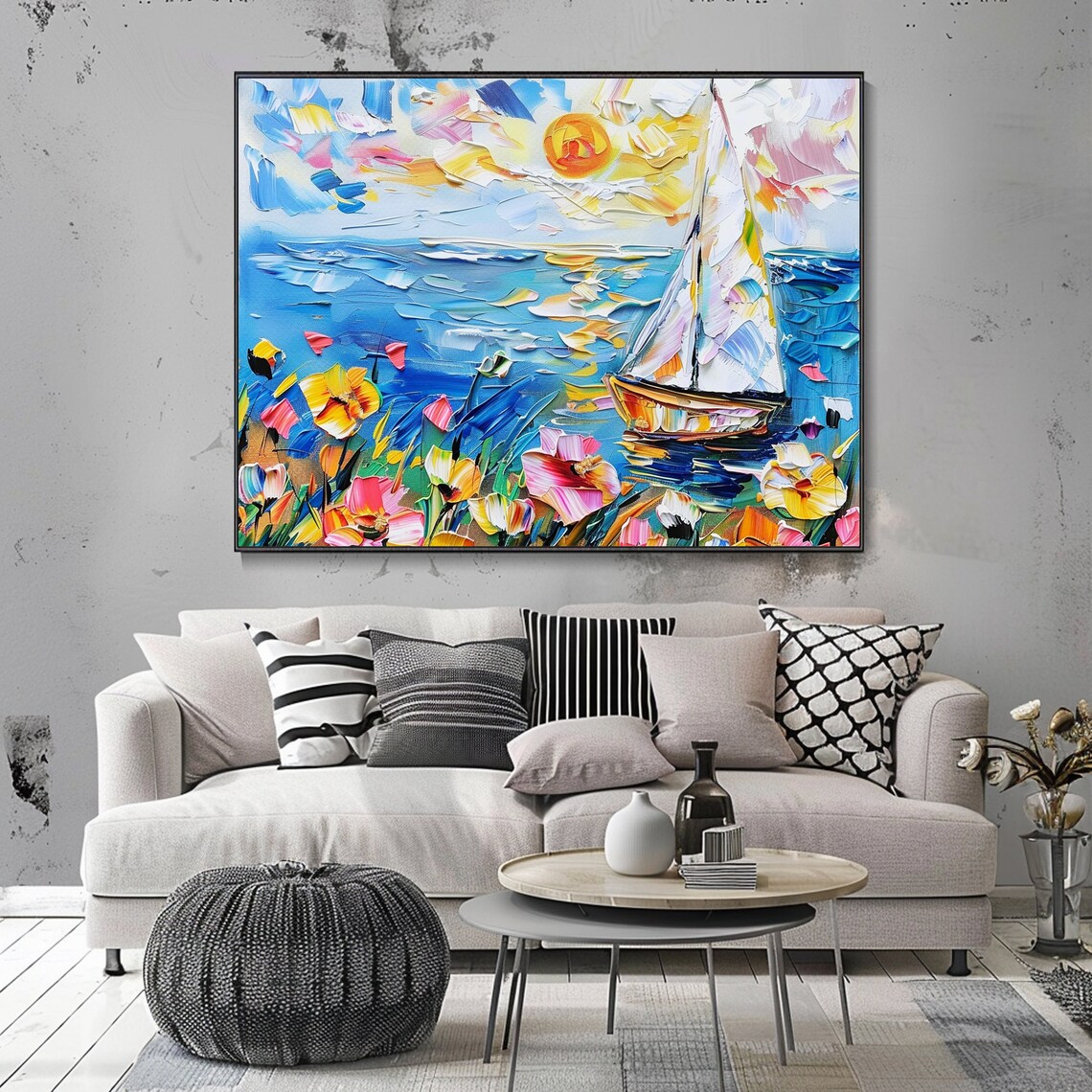 White Sailboat on Blue Sea Wildflower Meadow Sun Impasto Art Poster - Image 3