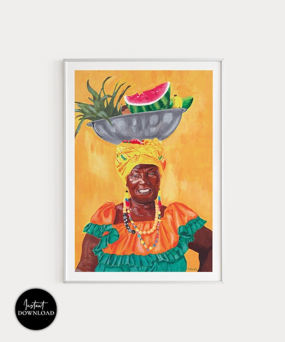 Colombian Palenquera Woman Portrait Colorful Fruit Market Poster