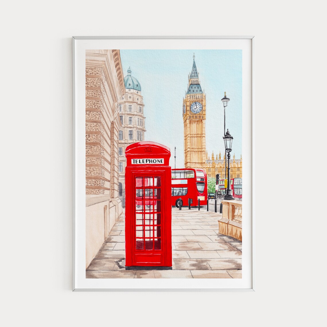 London Watercolor Art Print, Red Telephone Booth