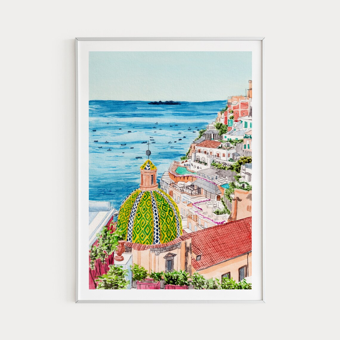 Positano Watercolor Cityscape Art Print, Italy