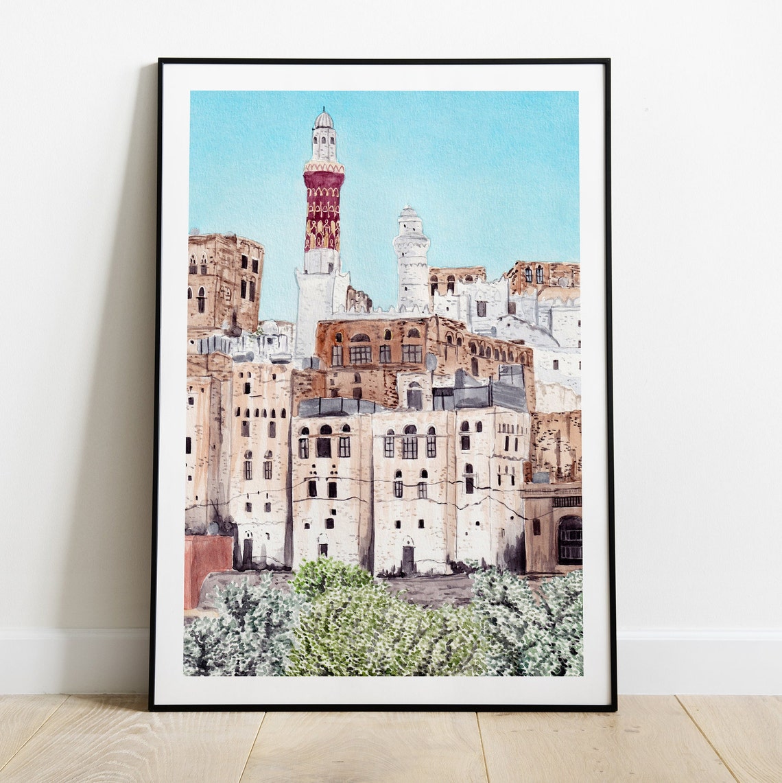 Jibla Yemen Historic Old Town Mosque Minaret Watercolor Art Poster - Image 2