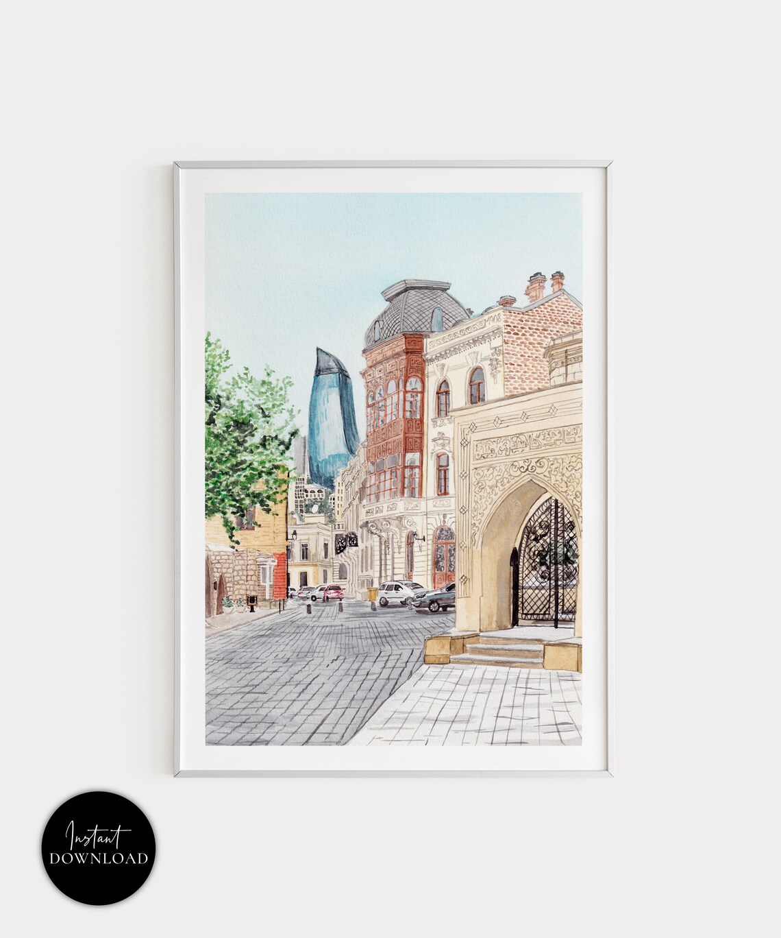 Baku Azerbaijan Travel Poster, Cityscape View