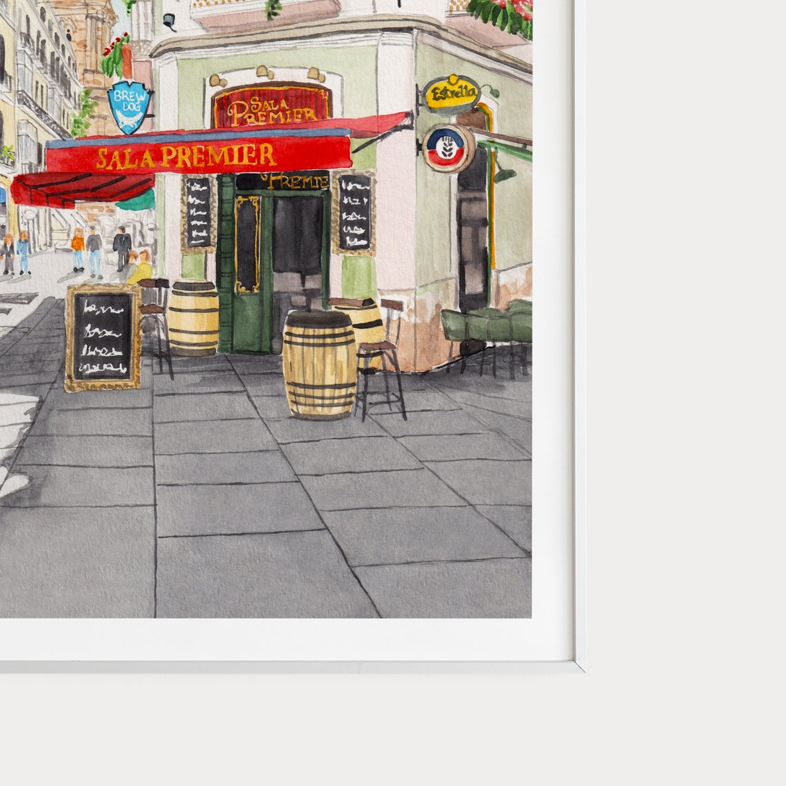 Malaga Spain Sunny Street Cafe Cathedral Tower Watercolor Poster - Image 2