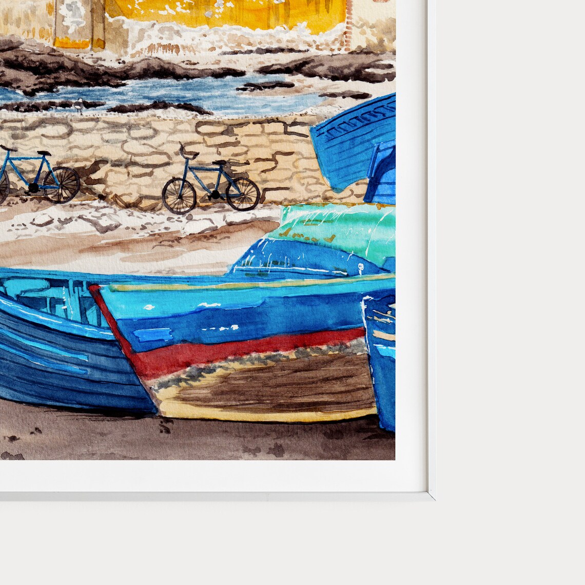 Essaouira Harbor Blue Fishing Boats Seagulls Morocco Watercolor Poster - Image 3