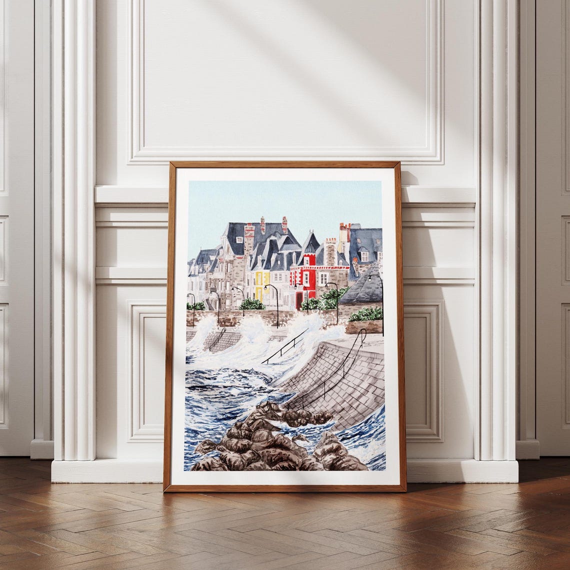 Saint Malo Brittany Waves Crashing On Seawall Colorful Houses Poster - Image 3