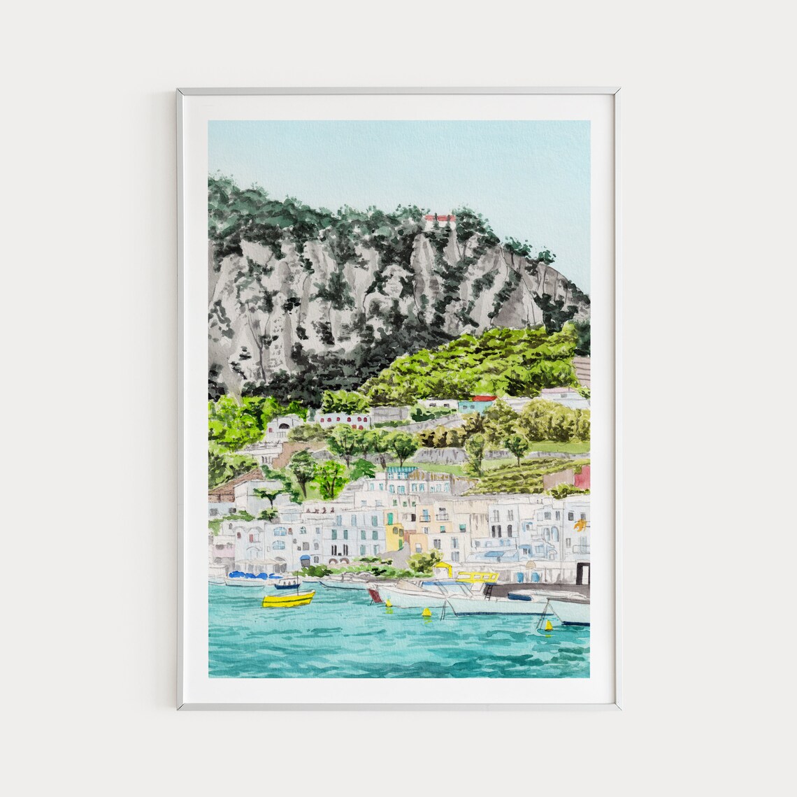 Capri Watercolor Travel Poster, Italy Landscape