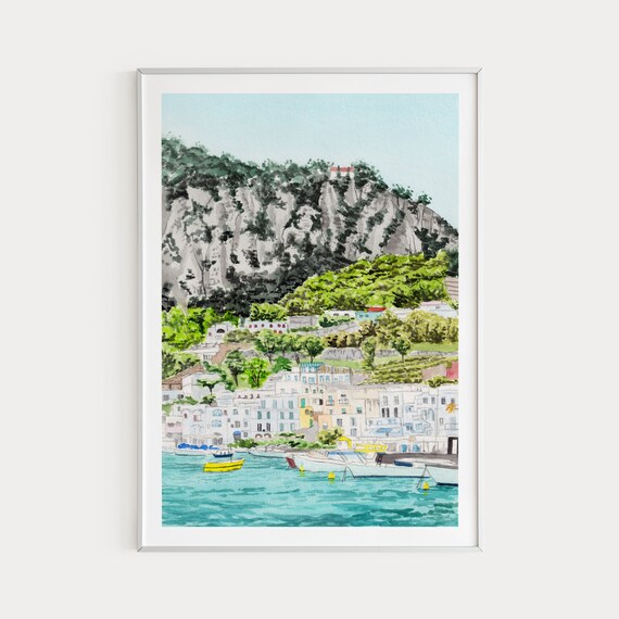 Capri Watercolor Travel Poster, Italy Landscape