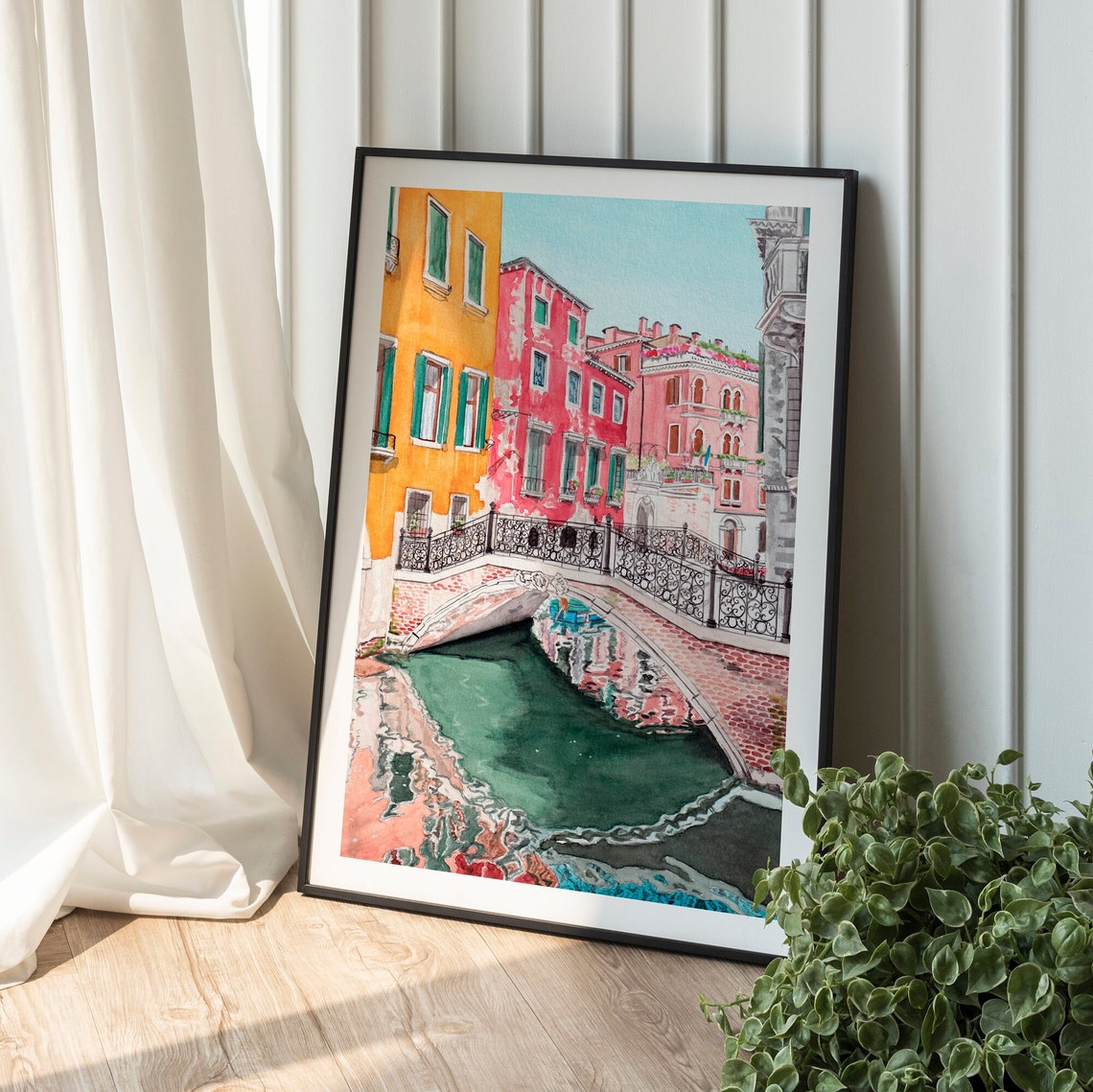 Venice Italy Canal Brick Bridge Reflection Watercolor Poster - Image 2