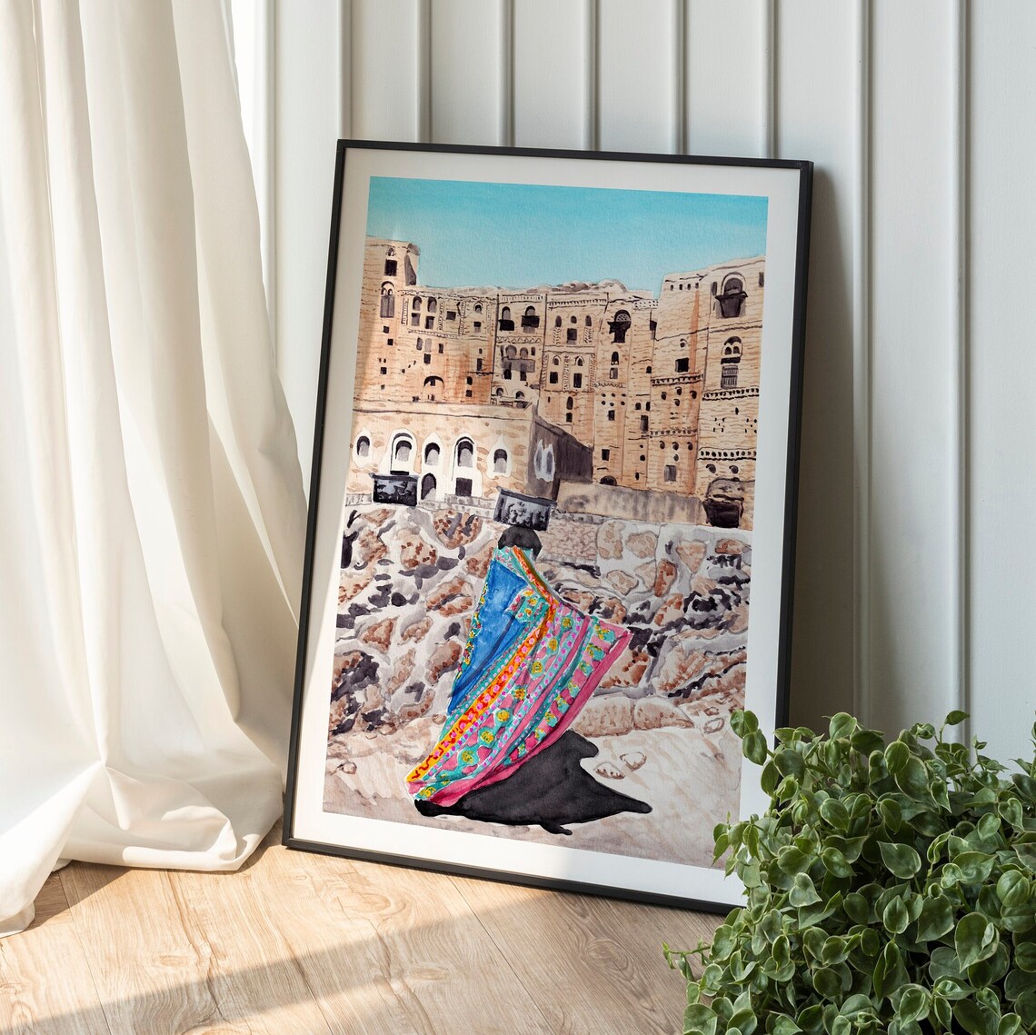 Yemen Hababa Watercolor Stone Tower Houses Colorful Shawl Poster - Image 2
