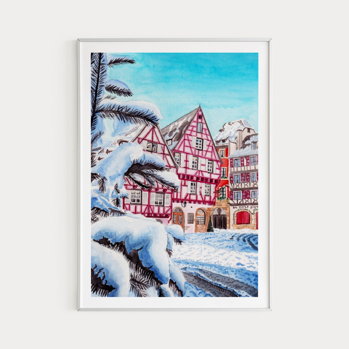 Colmar France Winter Half Timbered Houses in Snowfall Poster