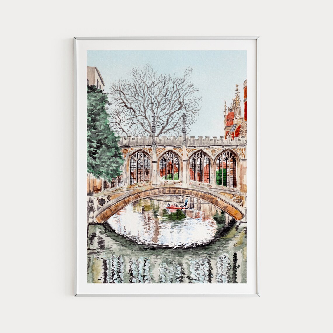 Cambridge Watercolor Travel Poster, England Cityscape