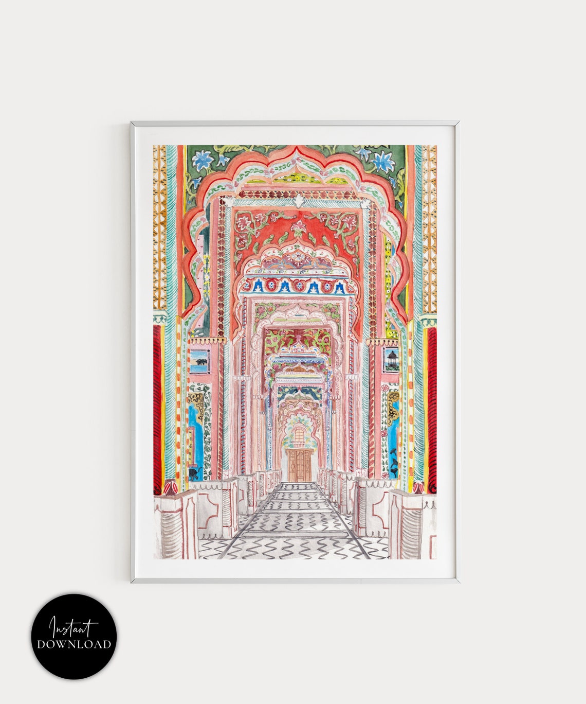 Jaipur Patrika Gate Rainbow Arches Rajasthan Watercolor Poster