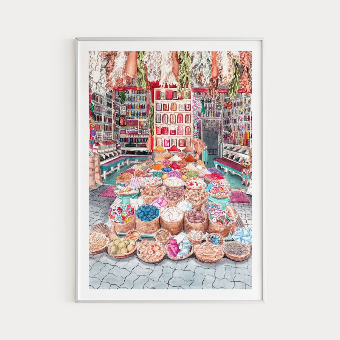 Marrakech Spice Shop Travel Poster, Morocco Cityscape