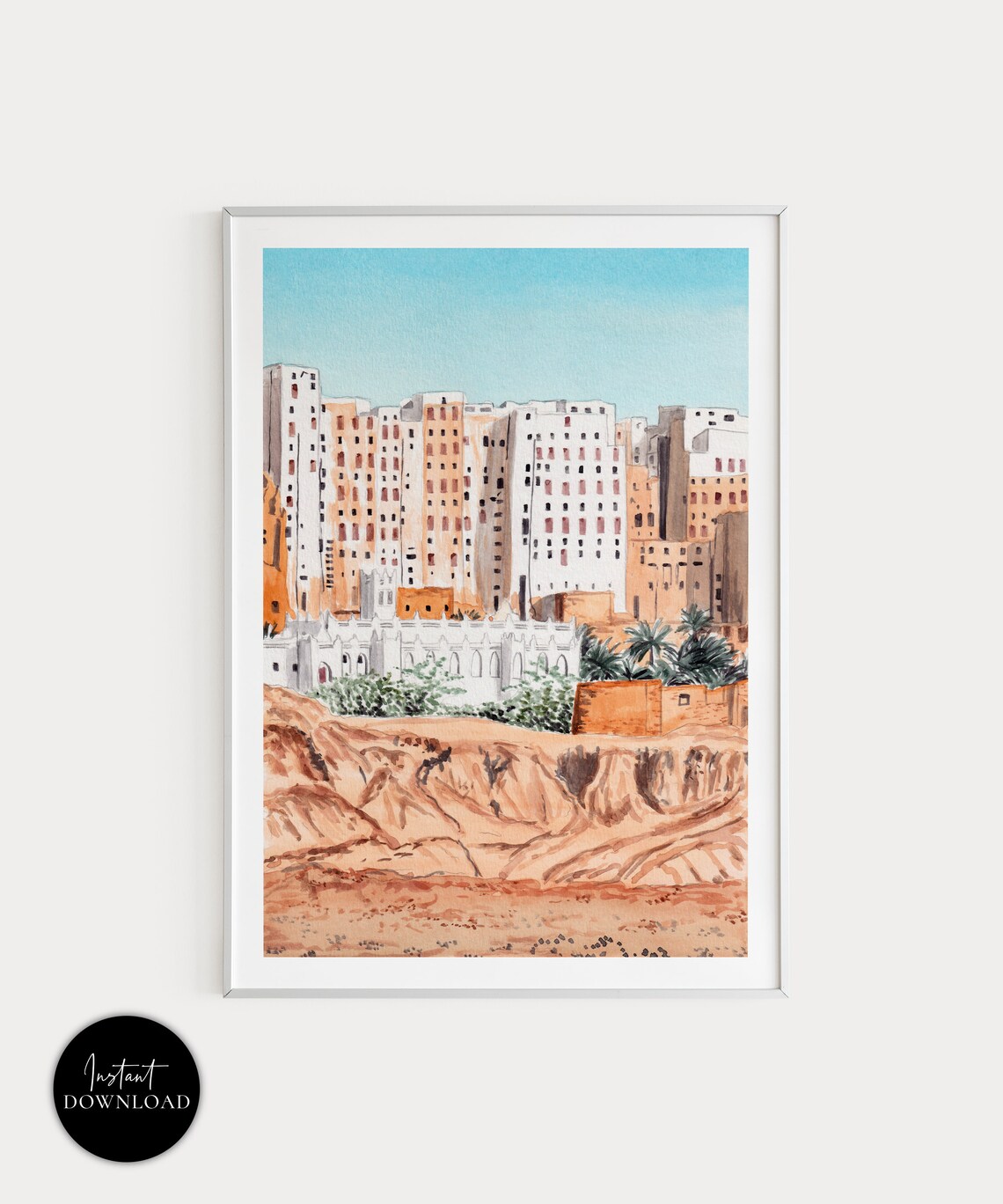 Shibam Yemen Tower Houses Desert Watercolor Cityscape Poster