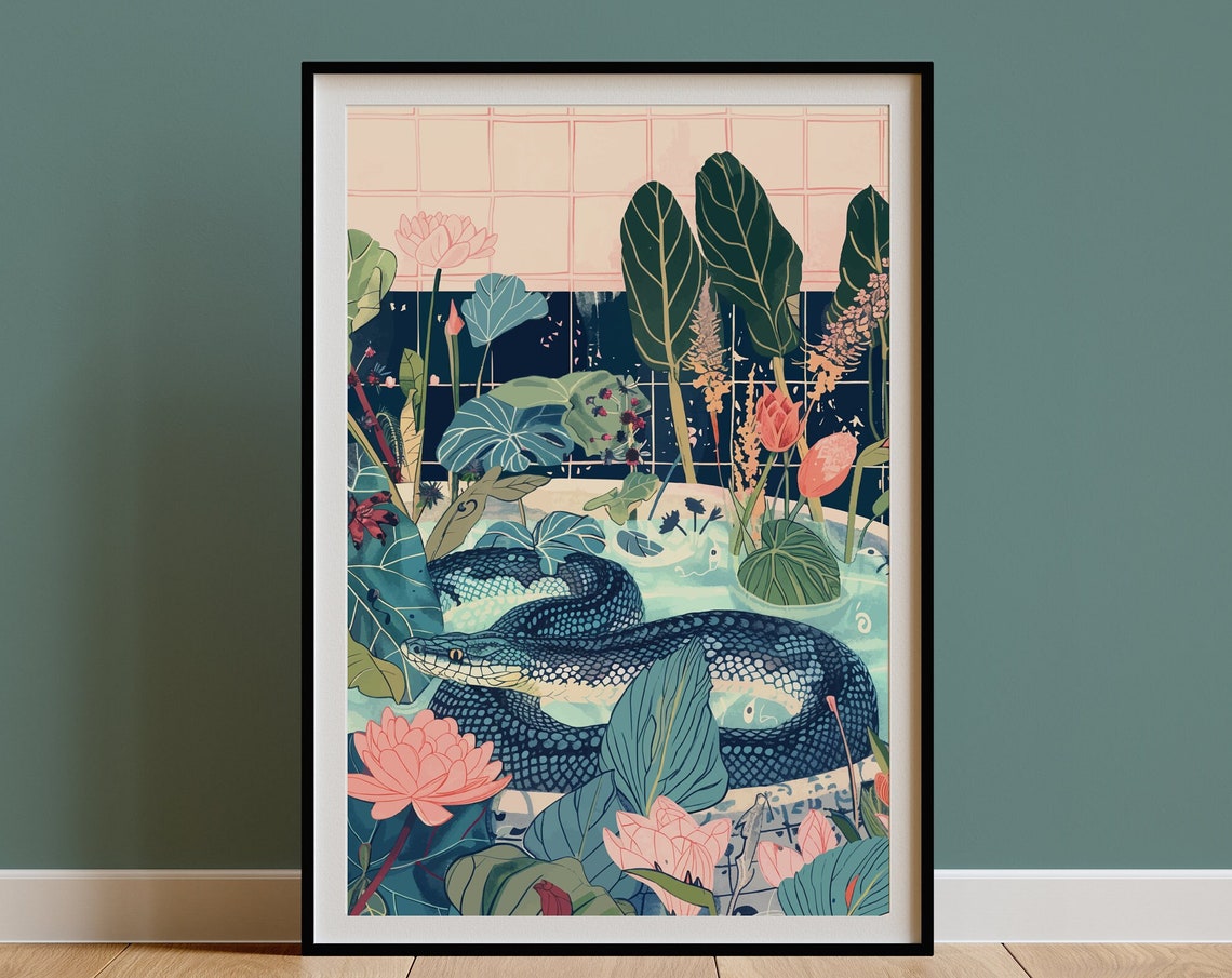 Python Snake Water Lily Bathtub Teal Botanical Poster Reptile Decor