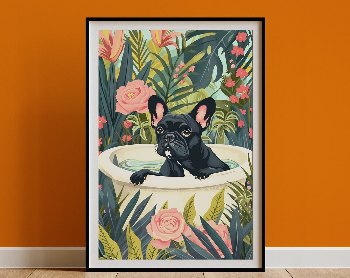 French Bulldog Wall Art, Boho Jungle Bathtub Print