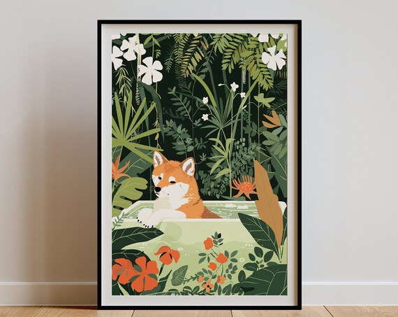 Japanese Akita Inu Wall Art Cute Akita Mom Owner Gift Boho Jungle Print Eclectic Tropical Poster Maximalist Botanical Decor