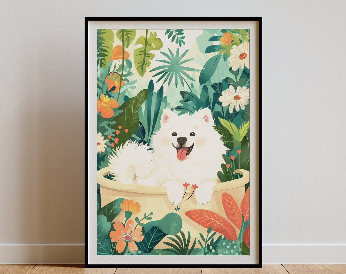 Samoyed Puppy in Bathtub Watercolor Wall Art Tropical Nursery Decor