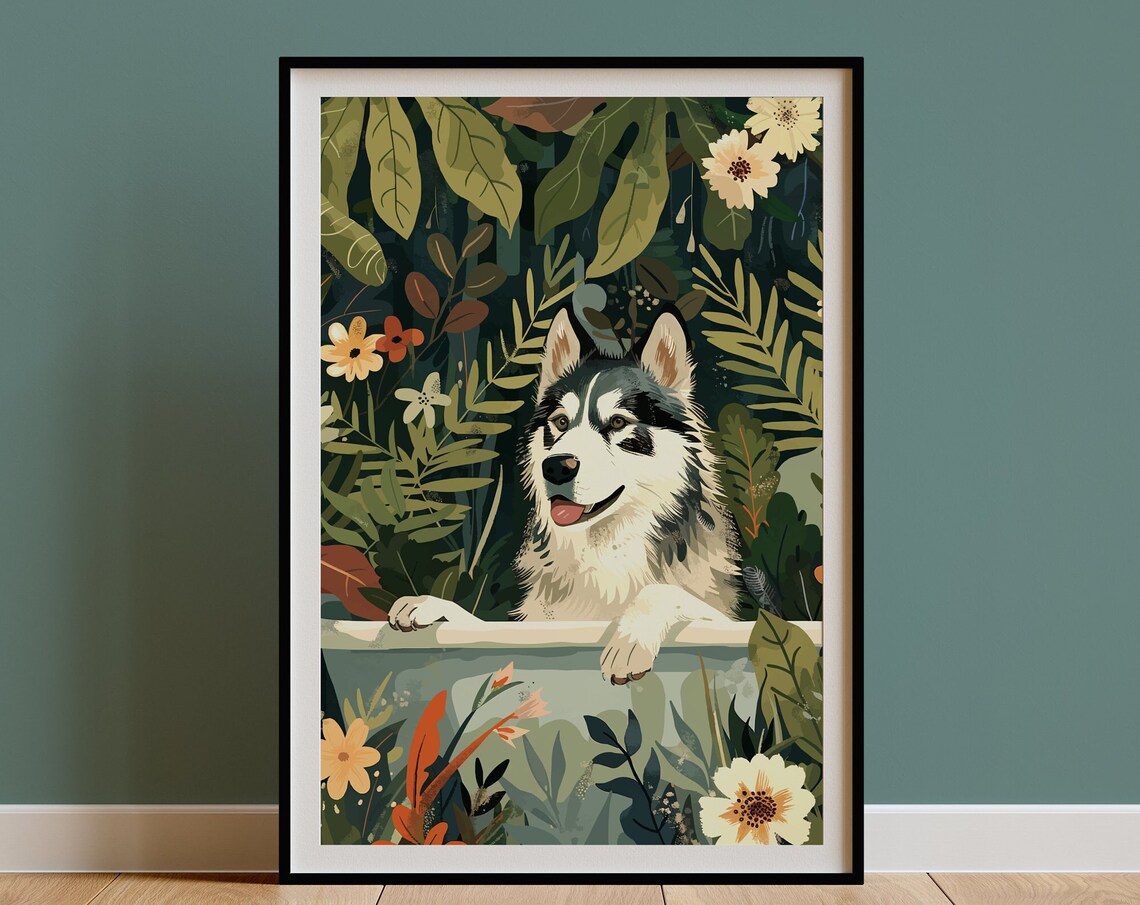 Alaskan Malamute Dog in a Jungle Bathtub With Tropical Florals Poster